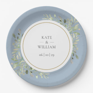 Assiettes En Carton Dusty Blue Greenery Foliage Mariage