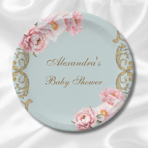 Assiettes En Carton Dusty Blue Peony Rococo Baby shower floral rose