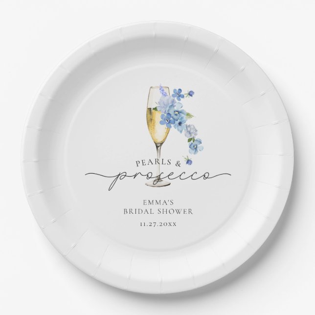 Assiettes En Carton Dusty Blue Petals & Prosecco Fête des mariées (Devant)