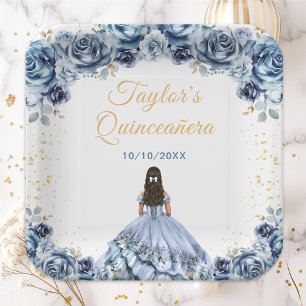 Assiettes En Carton Dusty Blue Princess Floral Quinceañera