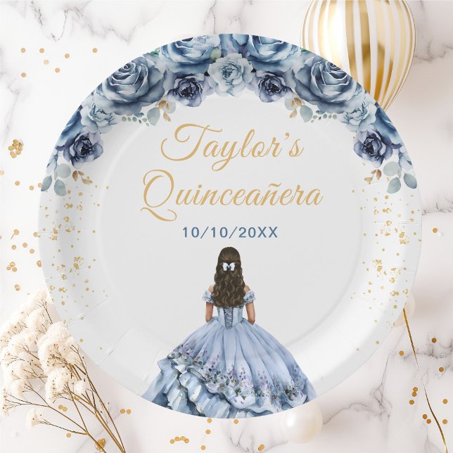 Assiettes En Carton Dusty Blue Princess Floral Quinceañera (Créateur téléchargé)