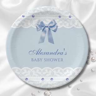 Assiettes En Carton Dusty Blue Regency Pearl Satin Bow Baby shower