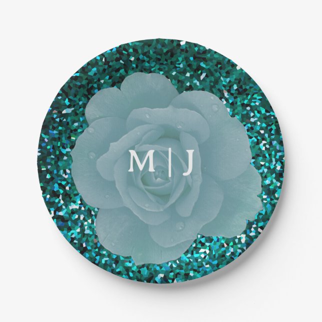 Assiettes En Carton Dusty Blue Rose Glittery Monogramme Mariage élégan (Devant)