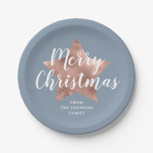 Assiettes En Carton Dusty Blue Rose Gold Star Joyeux Noël