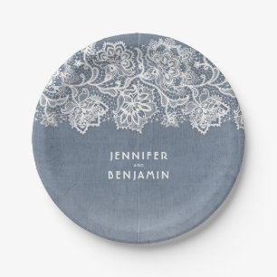 Assiettes En Carton Dusty Blue Vintage Mariage dentelle