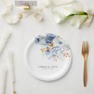 Assiettes En Carton Dusty Blue White Gold Floral Mariage