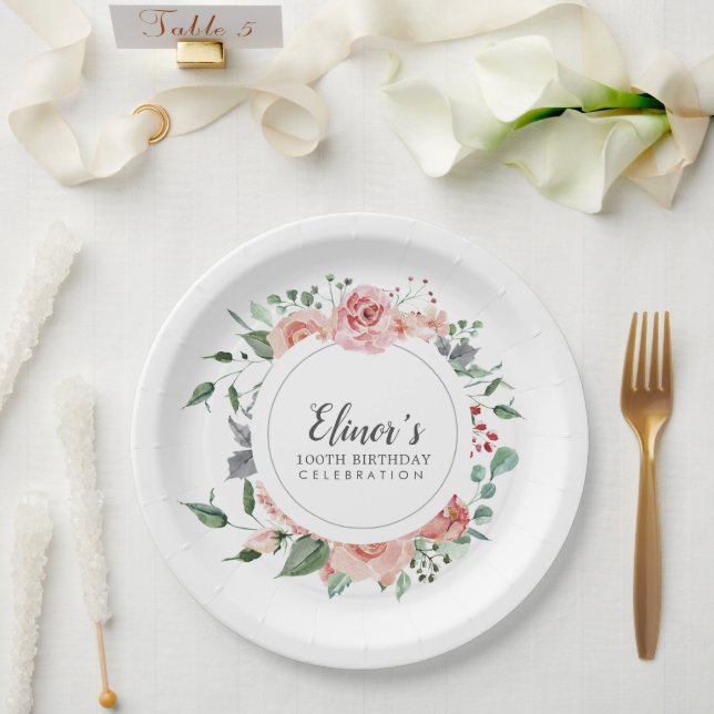 Assiettes En Carton Dusty rose floral 100e anniversaire Merci (Mariage)