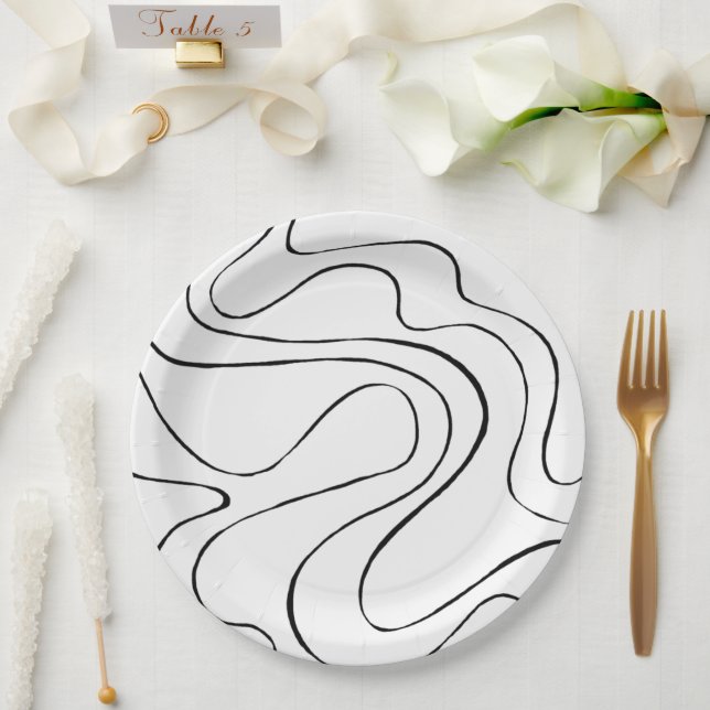 Assiettes En Carton Ebb et flux 2 - Noir et blanc (Mariage)