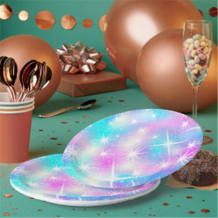 Assiettes En Carton Éclat rose et bleu Iridescente