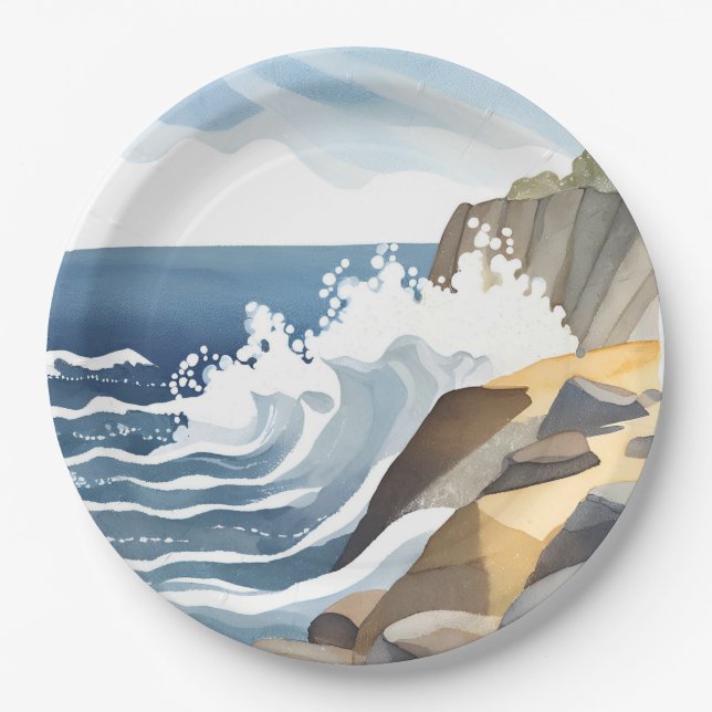 Assiettes En Carton Écraser des vagues | Aquarelle de la côte rocheuse (Devant)