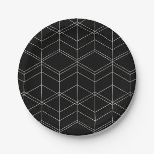 Assiettes En Carton Écriture chic noir et argent géométrique motif