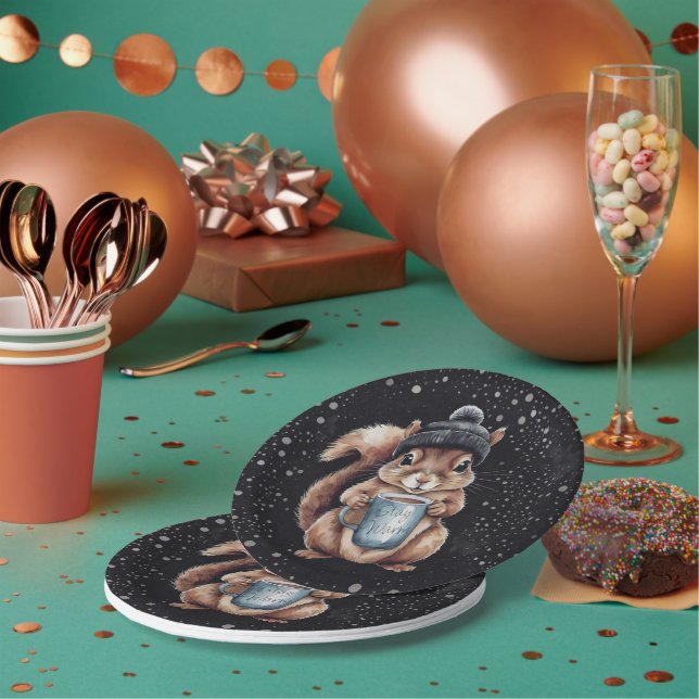 Assiettes En Carton Écureuil avec tasse et neige "Stay Warm" (Multi)