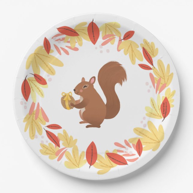 Assiettes En Carton Écureuil d'automne avec la noix (Devant)