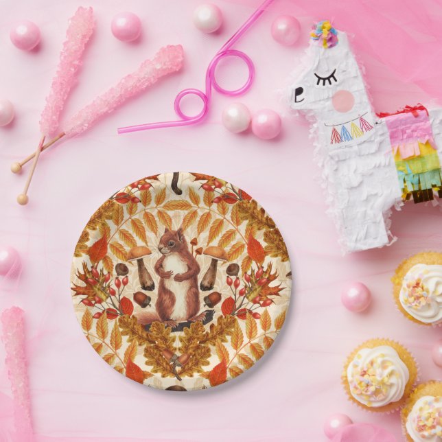 Assiettes En Carton Écureuil d'automne sur blanc (Fête)