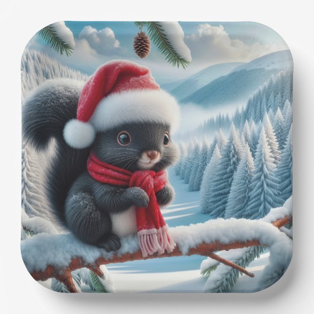 Assiettes En Carton Écureuil noir avec chapeau de Père Noël (Recto)