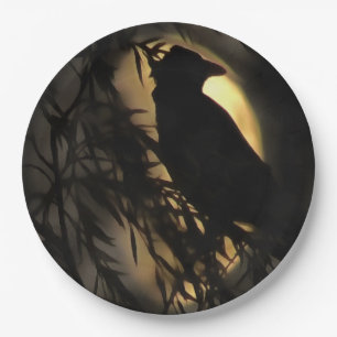 Assiettes En Carton Eerie Raven Silhouette Contre Une Lune Fantastique