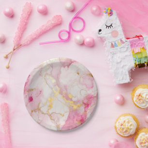 Assiettes En Carton Effet marbre rose et or glamour