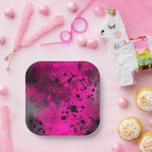 Assiettes En Carton Effet Paint Splatter rose et noir