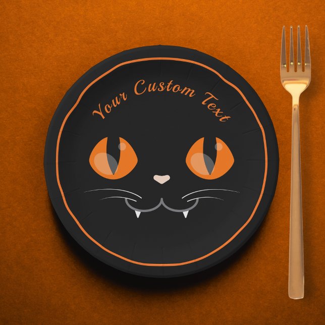 Assiettes En Carton Éffrayant Black Cat Face Ajouter Texte Noir & Oran (Créateur téléchargé)