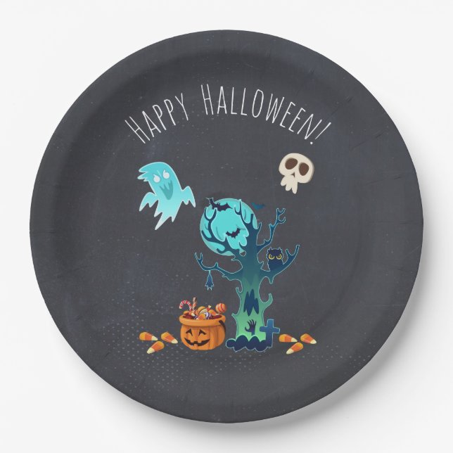 Assiettes En Carton Éffrayant cimetière d'Halloween (Devant)