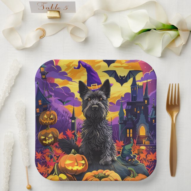 Assiettes En Carton Éffrayant écossais Terrier Citrouille de sorcière  (Mariage)