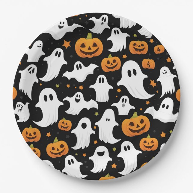 Assiettes En Carton Éffrayant Fantômes Citrouilles noir Halloween Plaq (Devant)