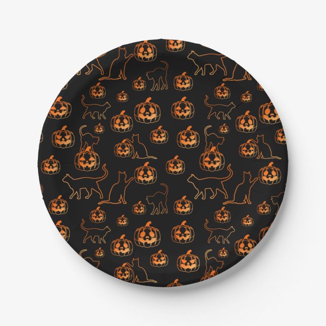 Assiettes En Carton Éffrayant Halloween Chats noirs et Motif Citrouill (Devant)