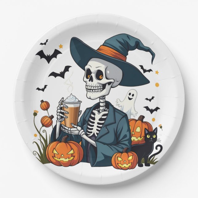 Assiettes En Carton Éffrayant Halloween Squelette Sippin Citrouille ép (Devant)