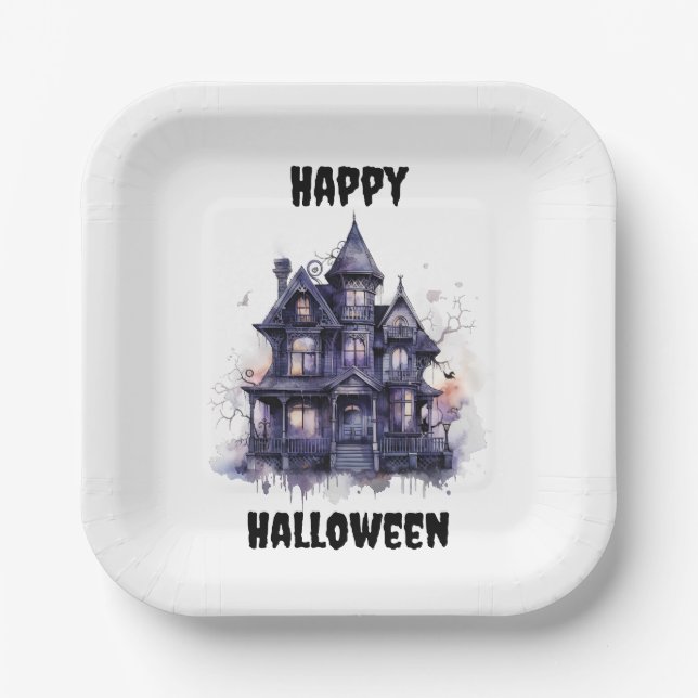 Assiettes En Carton Éffrayant House Bonne fête d'Halloween (Recto)