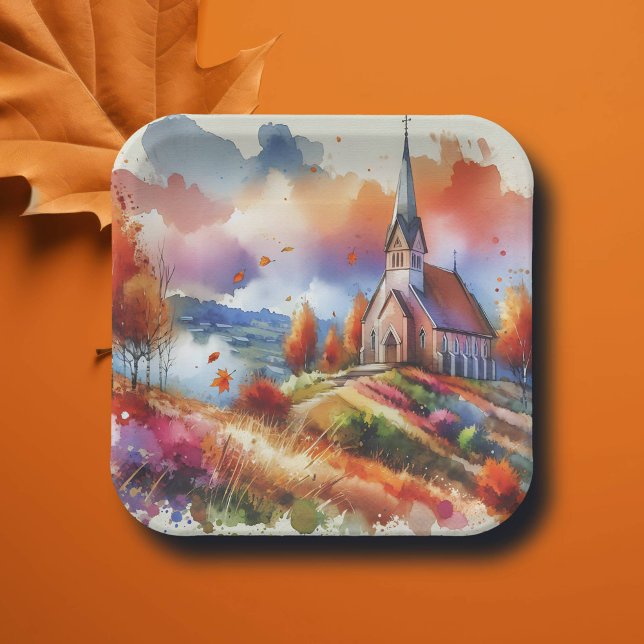 Assiettes En Carton Église aquarelle le jour d'automne (Créateur téléchargé)