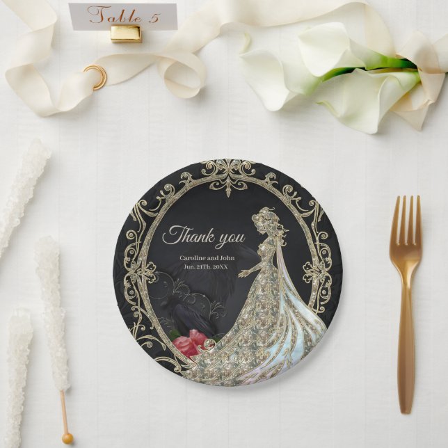 Assiettes En Carton Élégance en or et noir. (Mariage)