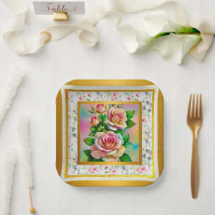 Assiettes En Carton Élégance Roses roses et jaunes aquarelle pastel