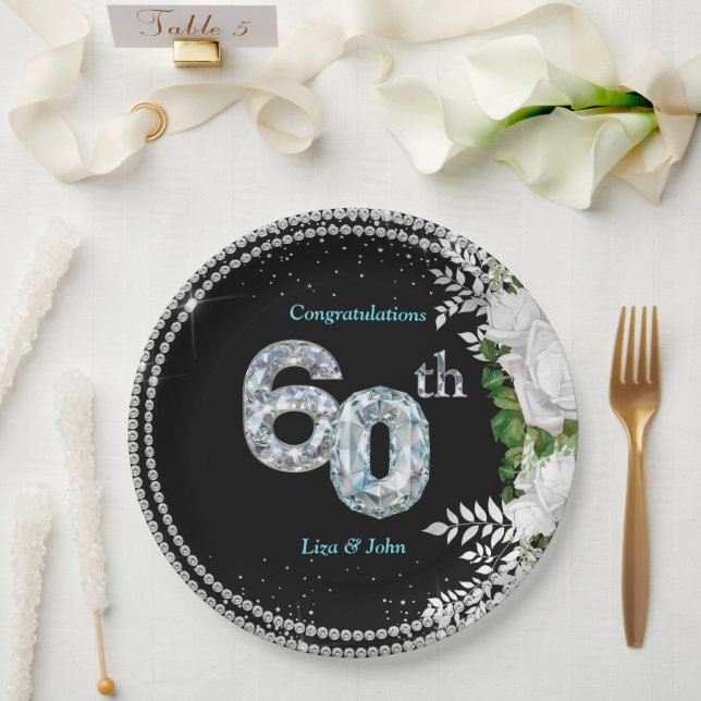 Assiettes En Carton Élégant 60e anniversaire de Mariage de diamant (Mariage)