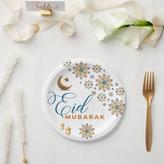 Assiettes En Carton Elégant Aïd Moubarak Arabe Calligraphie Lune Étoil (Mariage)