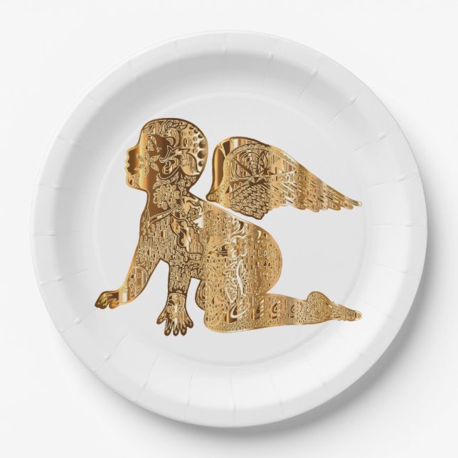 Assiettes En Carton Élégant Ange doré brillant Blanc céleste (Devant)