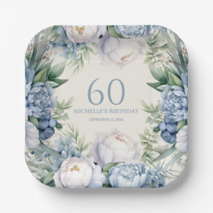 Assiettes En Carton Elégant Anniversaire 60 Ans Fleurs Bleu Poussiéreu
