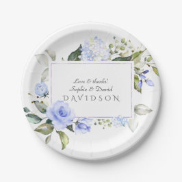 Assiettes En Carton Elégant Aquarelle bleu Fleurs Mariage de cadre