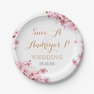 Assiettes En Carton Elégant Aquarelle Cerisier Fleur Printemps Mariage