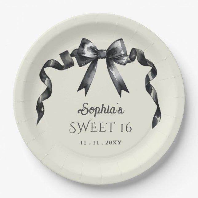 Assiettes En Carton Elégant Aquarelle Coquette Black Bow Sweet 16 (Devant)