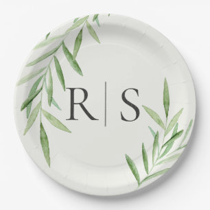 Assiettes En Carton Élégant Aquarelle Fête des mariées de saule Monogr