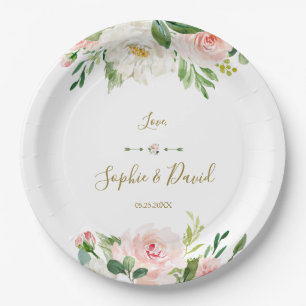 Assiettes En Carton Elégant Aquarelle rose Fleurs de rose Mariage