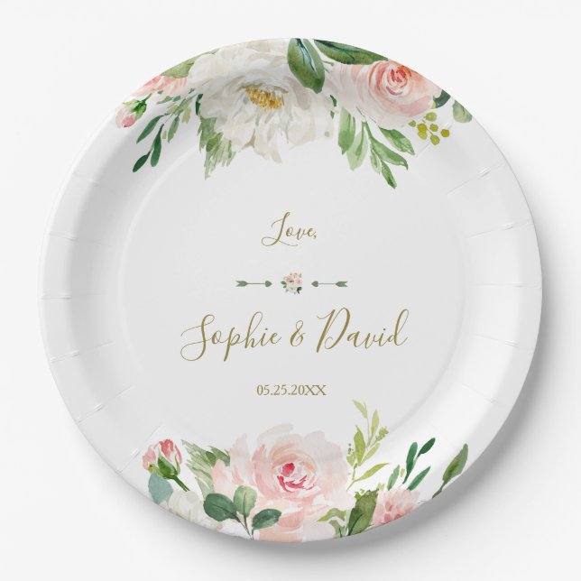 Assiettes En Carton Elégant Aquarelle rose Fleurs de rose Mariage (Devant)