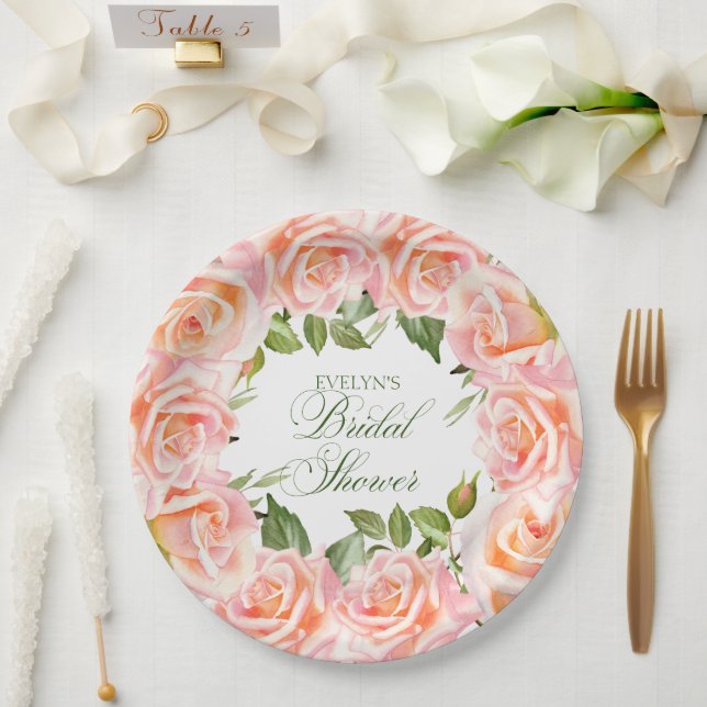 Assiettes En Carton Elégant aquarelle Rose papier Fête des mariées chi (Mariage)