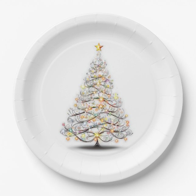 Assiettes En Carton élégant arbre de noël aux lumières étincelantes (Devant)