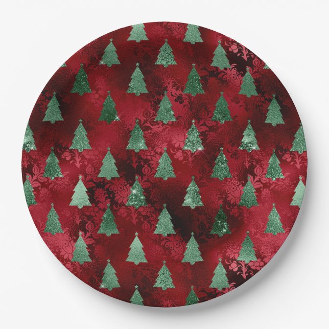 Assiettes En Carton Élégant arbre vert Noël (Devant)