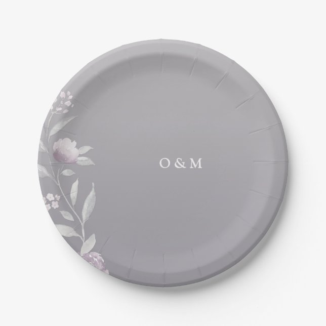 Assiettes En Carton Élégant argent floral Chinoiserie Mariage monogram (Devant)