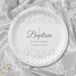 Assiettes En Carton Élégant Argent Stardust Baptism Christening