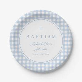 Assiettes En Carton Elegant Baby Blue Gingham Boy Baptism