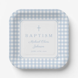 Assiettes En Carton Elegant Baby Blue Gingham Boy Baptism
