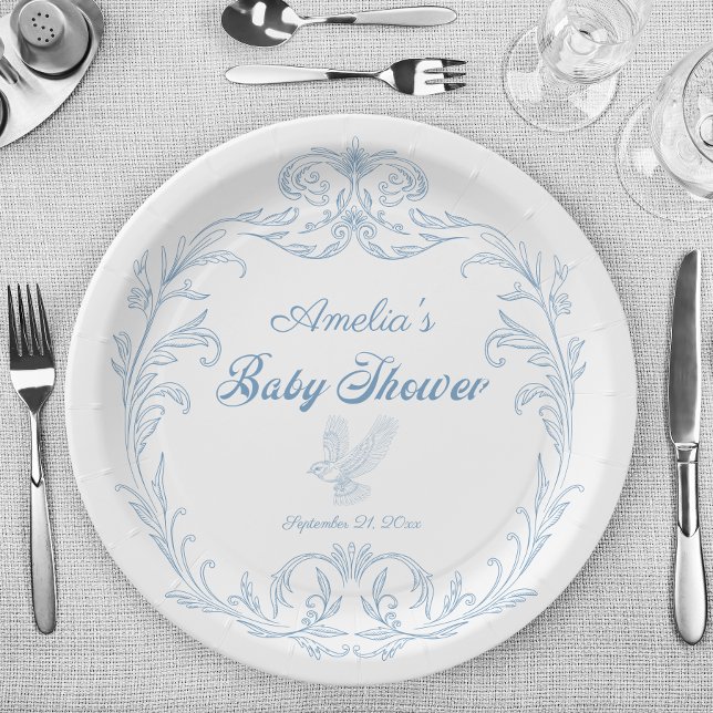 Assiettes En Carton Elégant Baby shower Bleu Baroque Oiseau (Créateur téléchargé)